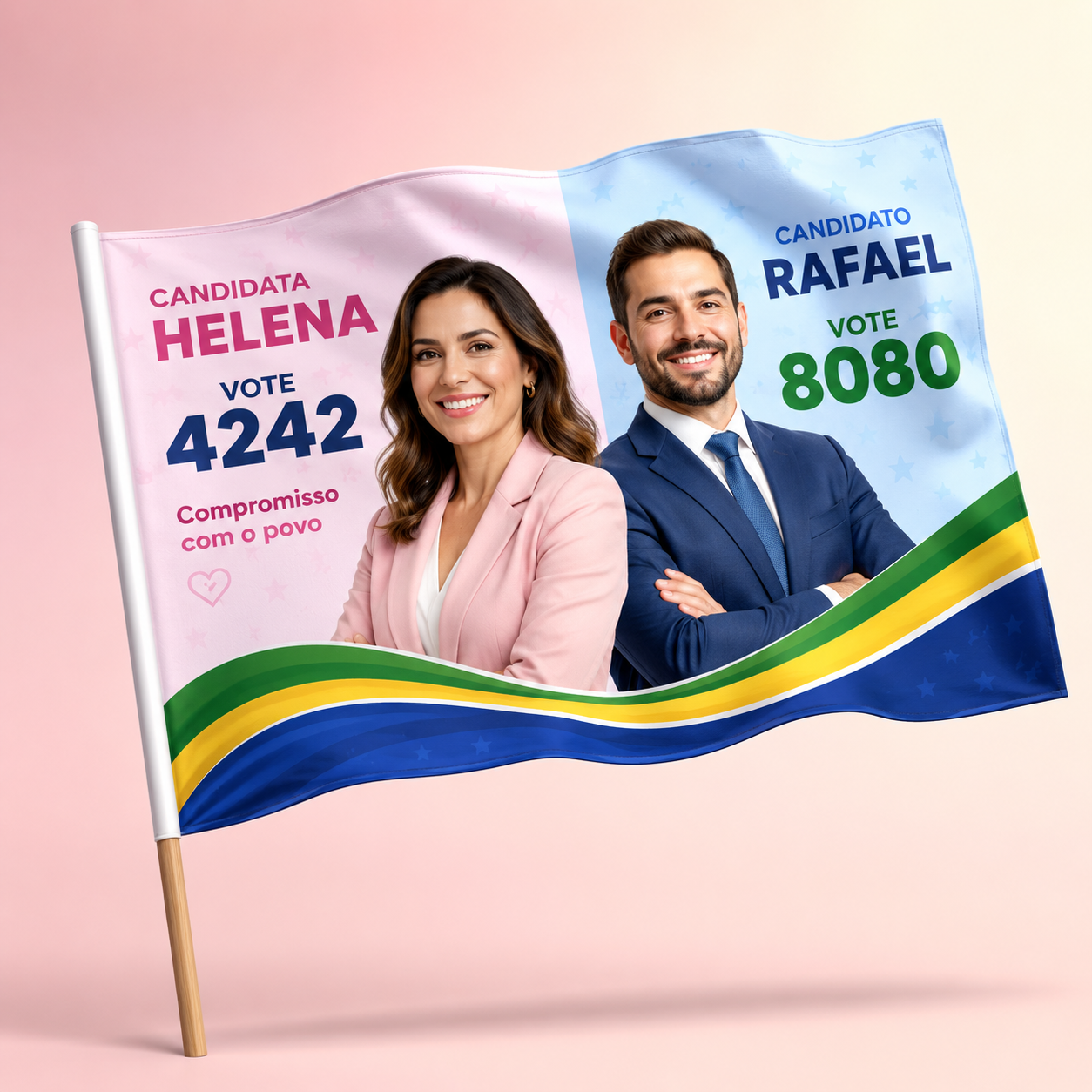Eleições 2026 Bandeiras Elastano Costura Linha Branca Overlock com bastão