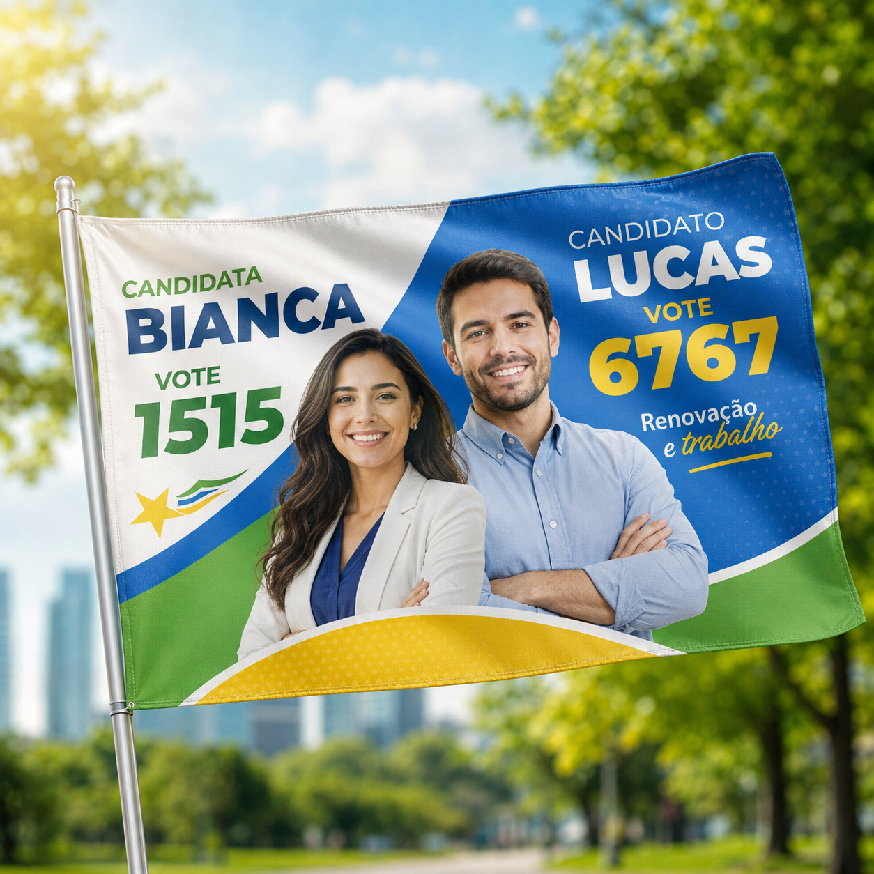 Eleições 2026 Bandeiras Elastano Costura Linha Branca Overlock com bastão